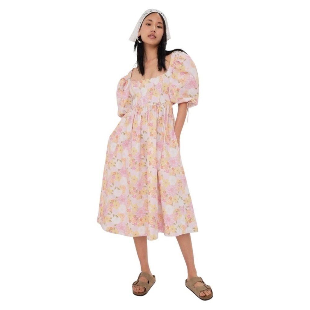 For Love & Lemons Pink & Yellow Floral Carrie Midi Dress Womens S